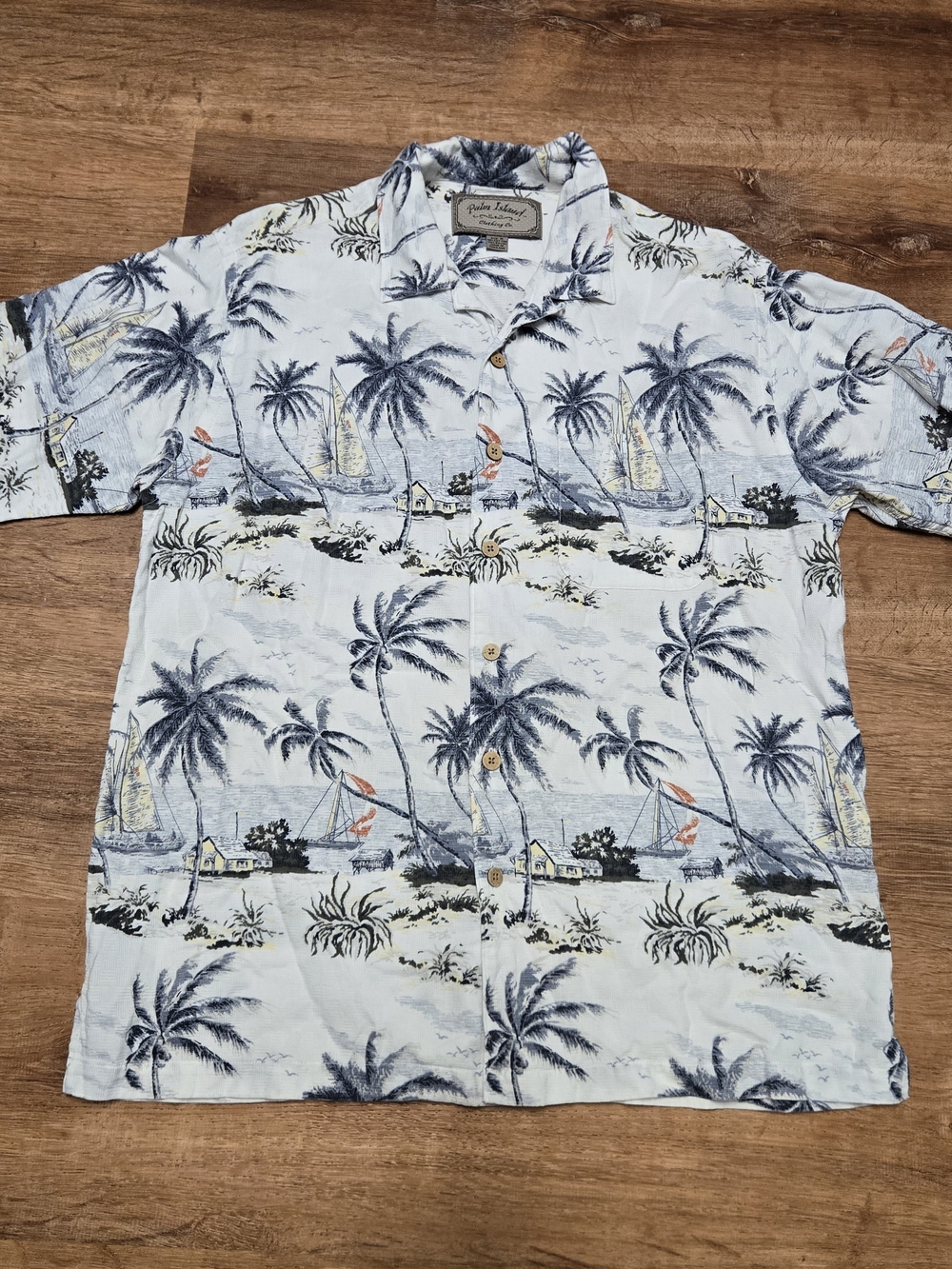Men's Palm Island Cream Palm Tree Print Short Sleeve Button-Down Shirt Medium